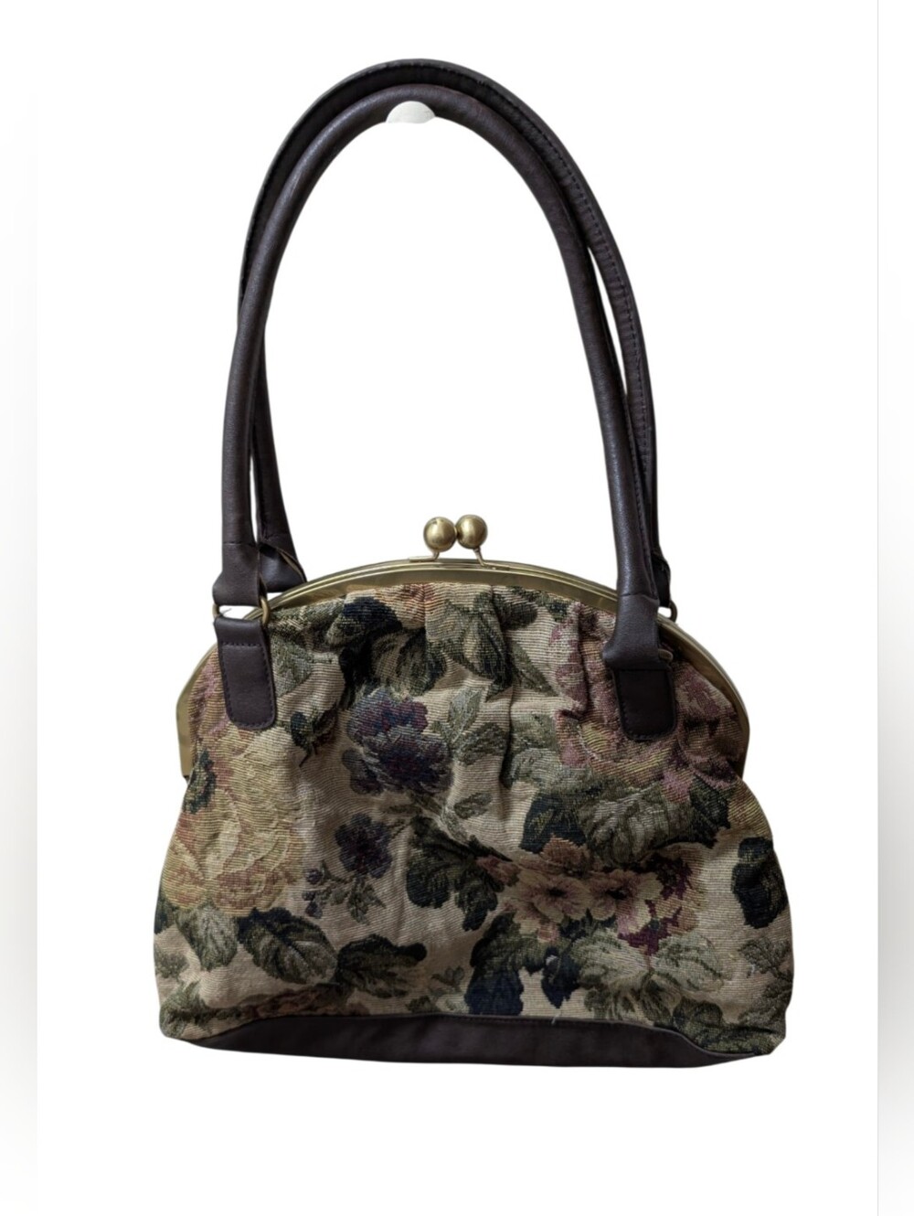 Floral Tapestry Frame-Top Handbag with Dark Brown Handles